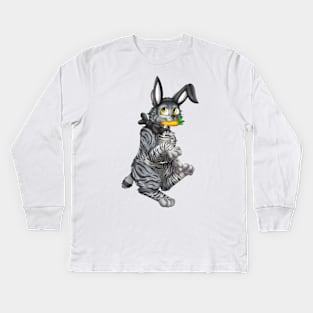 Bobtail BunnyCat: Grey Tabby (Black) Kids Long Sleeve T-Shirt